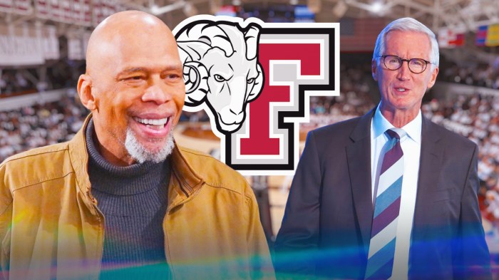 Kareem Abdul-Jabbar and Mike Breen with a Fordham Rams logo in between them and the background of the image is a wideshot of the Rose Hill Gymnasium during a sold out home win vs. Duquesne from the 2023-24 season shown on ESPN2.
