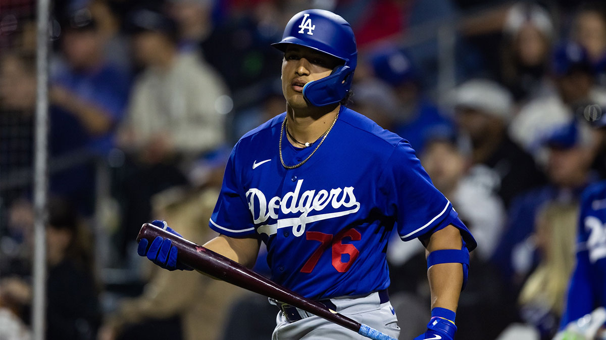 Los Angeles Dodgers catcher Diego Cartaya against the Kansas City Royals during a spring training game at Surprise Stadium.