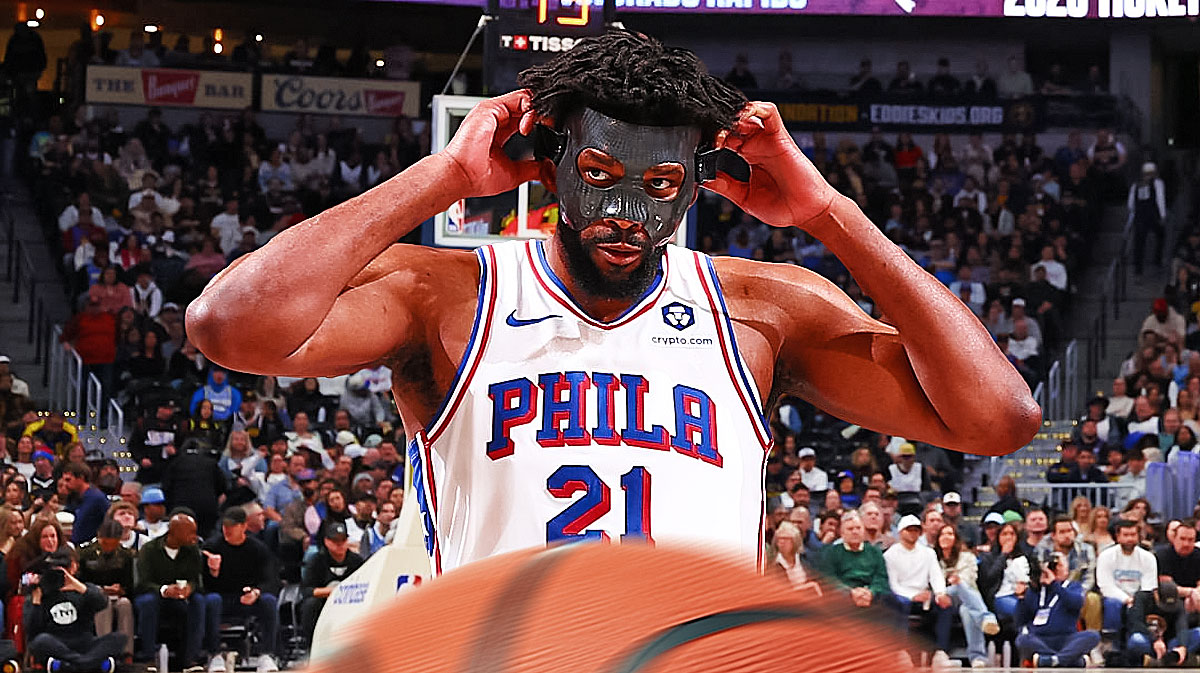 76ers, Joel Embiid, Joel Embiid 76ers, Joel Embiid trade rumors, Joel Embiid trade, Joel Embiid with 76ers arena in the background
