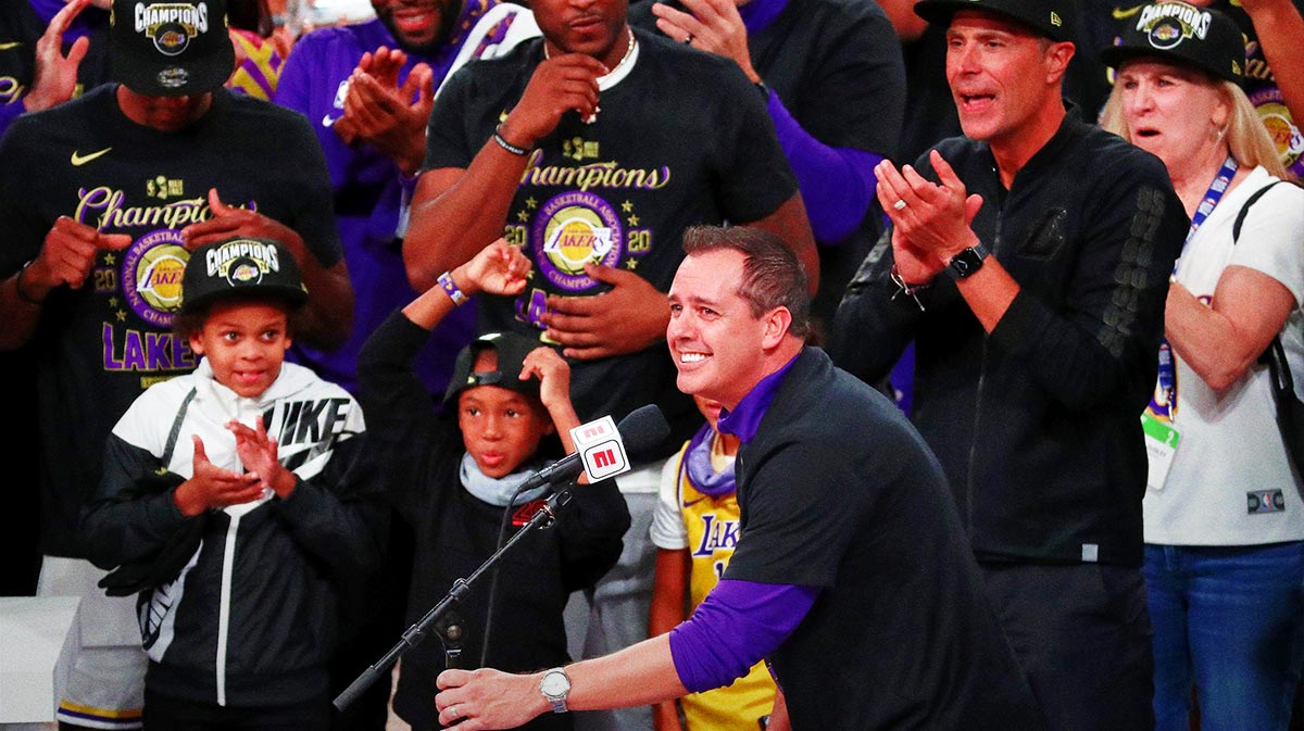 Los Angeles Lakers Chief Trainer Frank Vogel Talks After Game Six of 1820 NBA Finals in Adementhealth Arena. Lakers Los Angeles won 106-93 to win a series. 