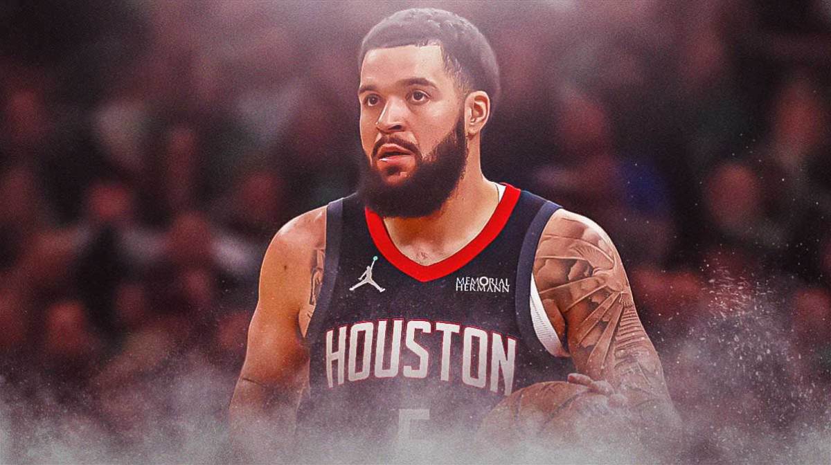 Houston Rockets player Fred VanVleet with the Rockets arena in the background, contract