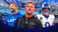 Los Angeles Rams general manager Les Snead in the middle with Sean McVay and Matthew Stafford on either side in front of SoFi Stadium.