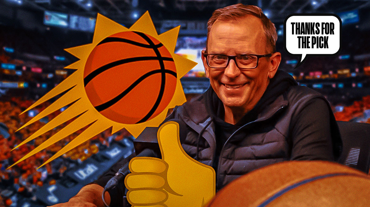 Jazz general manager Justin Zanik giving a thumbs-up while looking at the Phoenix Suns logo. He also has a thought bubble that says "Thanks for the pick"