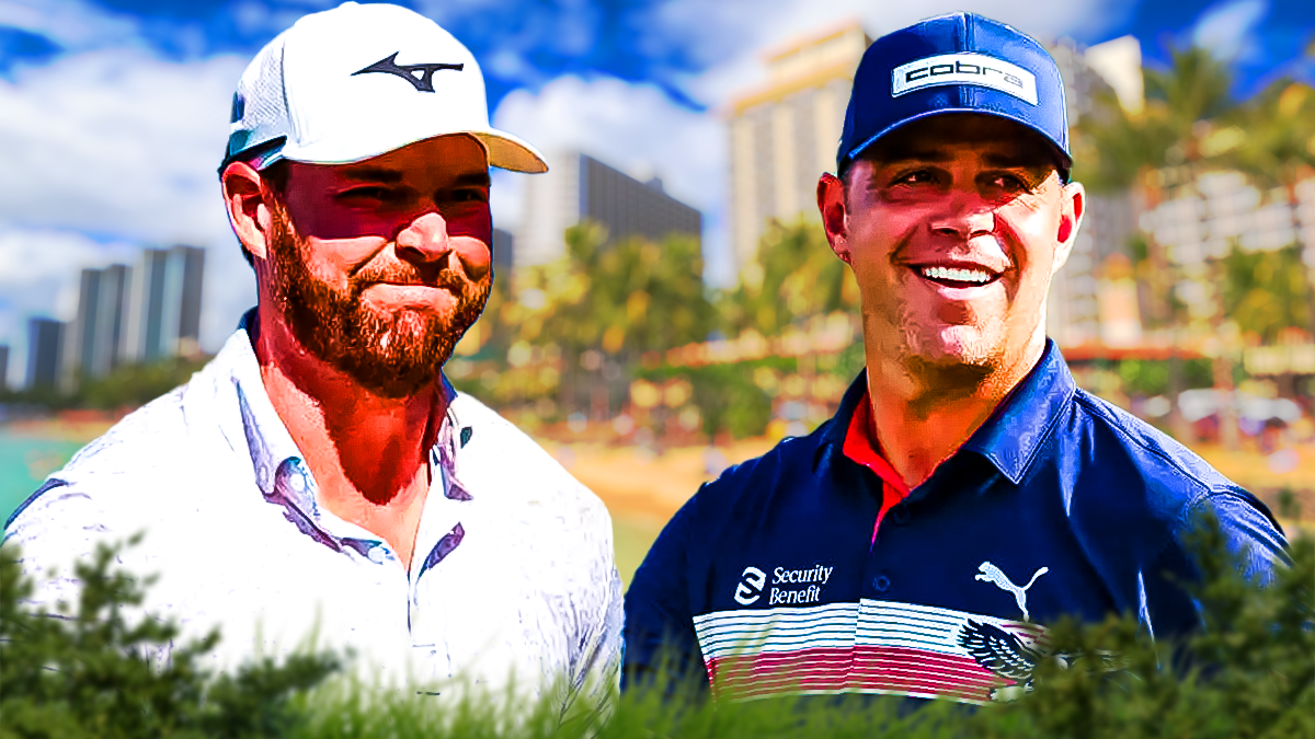 Grayson Murray and Gary Woodland both looking happy with a Hawaiian background
