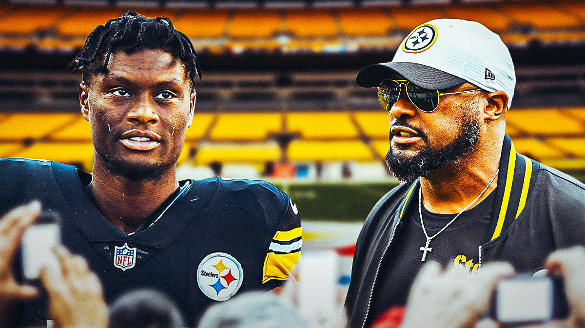 George Pickens in a Pittsburgh Steelers uniform and Steelers coach Mike Tomlin.