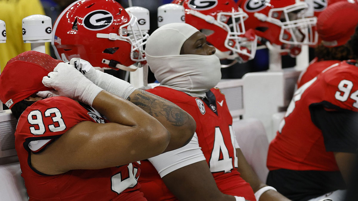 Georgia Bulldogs defensive lineman Tyrion Ingram-Dawkins (93) reacts on the bench in the final minute against the Notre Dame Fighting Irish during the fourth quarter at Caesars Superdome