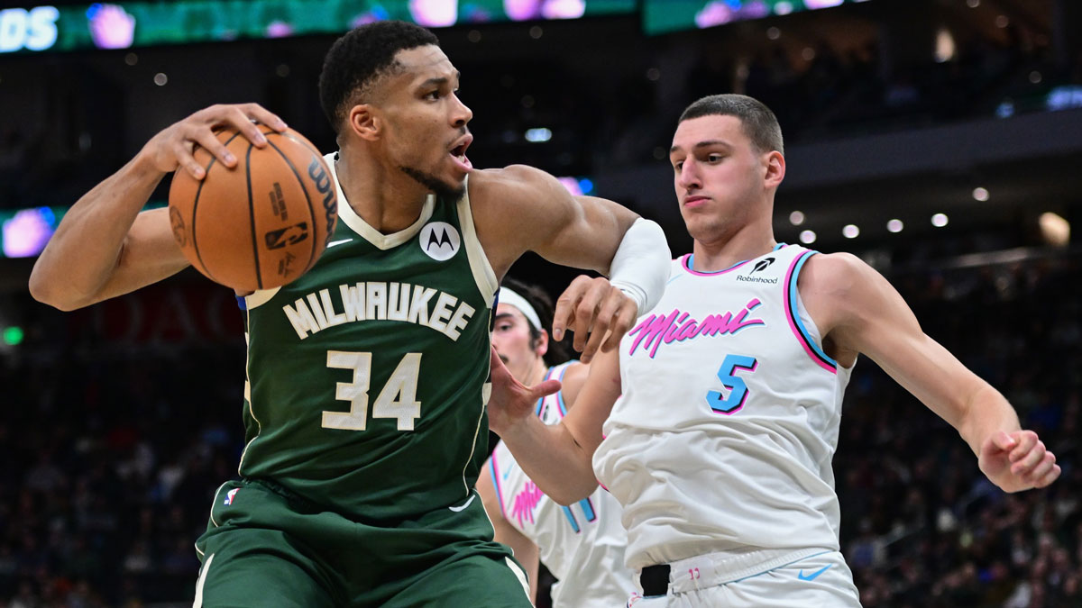 Milwaukee Bucks forward Giannis Antetokounmpo (34) looks for a shot against Miami Heat forward Nikola Jovic (5) in the fourth quarter at Fiserv Forum.
