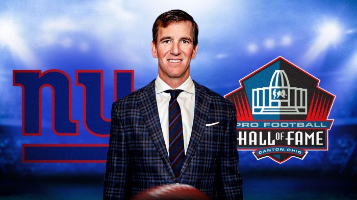 Eli Manning in the center, with the New York Giants and Pro Football Hall of Fame logos in the background.