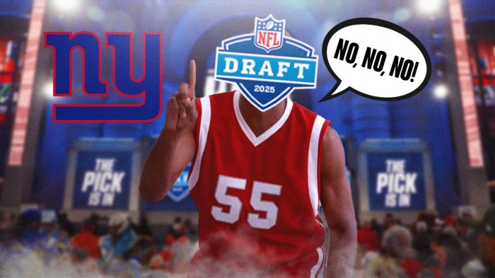Dikembe Mutumbo with 2025 NFL Draft logo over head, wagging his finger at the New York Giants' logo. Mutumbo has a speech bubble above his head saying, "No no no!" Background is NFL Draft stage.