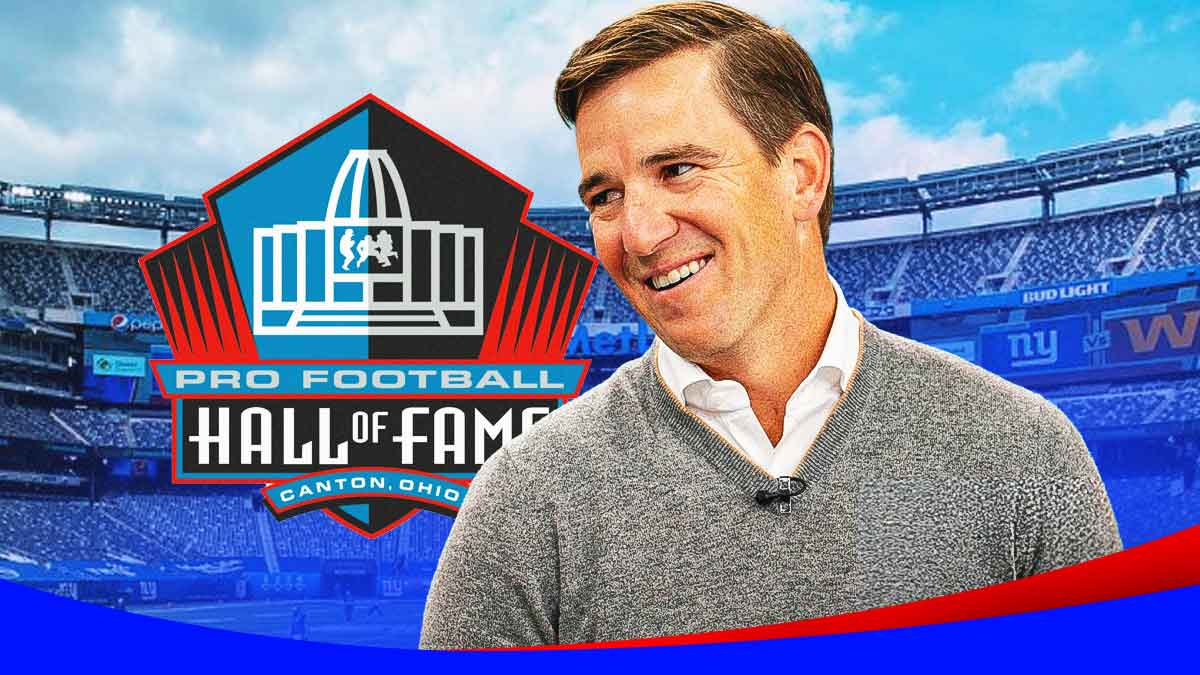 Eli Manning, Giants, Pro Football Hall of Fame, Warren Moon, 2025 Pro Football Hall of Fame, Eli Manning and NFL Hall of Fame logo with Giants stadium in the background