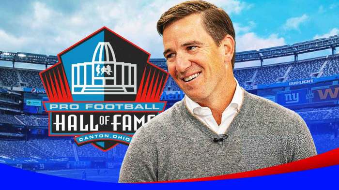 Eli Manning, Giants, Pro Football Hall of Fame, Warren Moon, 2025 Pro Football Hall of Fame, Eli Manning and NFL Hall of Fame logo with Giants stadium in the background