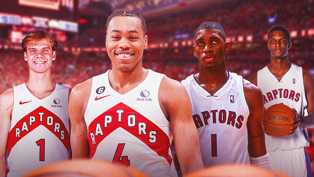 Raptors' Gradey Dick smiling, with 2022 Scottie Barnes, 2000 Tracy McGrady, and 2005 Chris Bosh beside him
