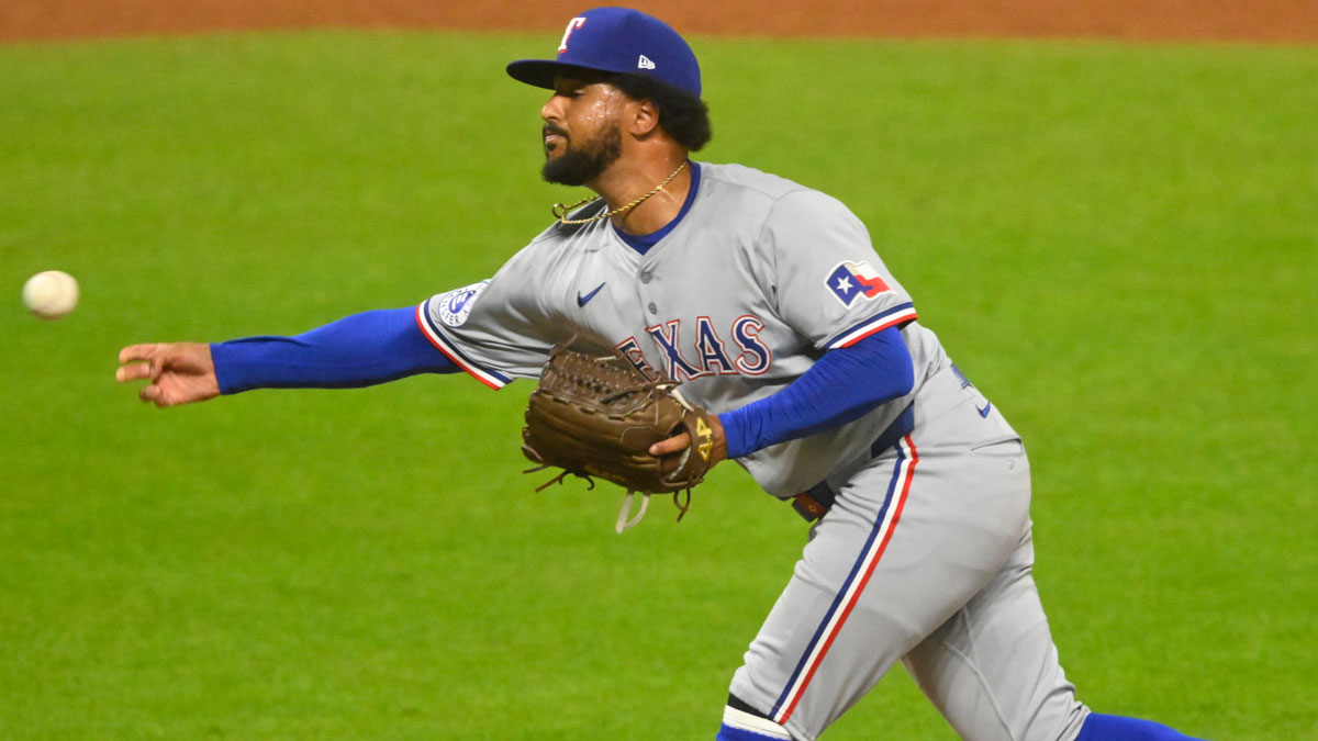 Texas Rangers relief pitcher Grant Anderson (65) delivers a pitch in the the sixth inning against the Cleveland Guardians at Progressive Field. 