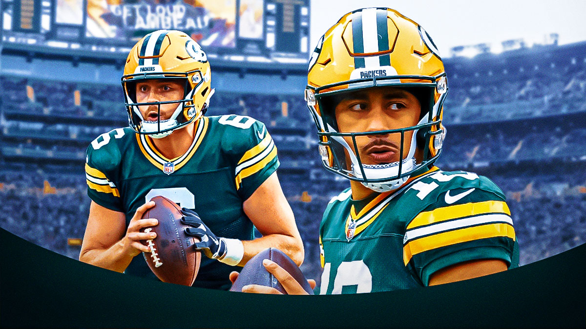 Jordan Love and Sean Clifford in Green Bay Packers uniforms as the Packers elevated Clifford to the active roster for the playoffs.