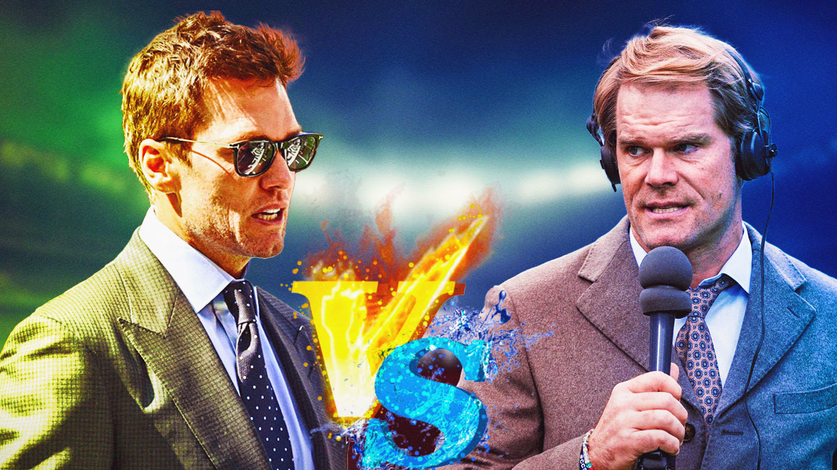 Greg Olsen in a suit broadcasting with a big VS in the middle and then Tom Brady in a suit broadcasting as Greg Olsen believes he's better than Brady in the booth.