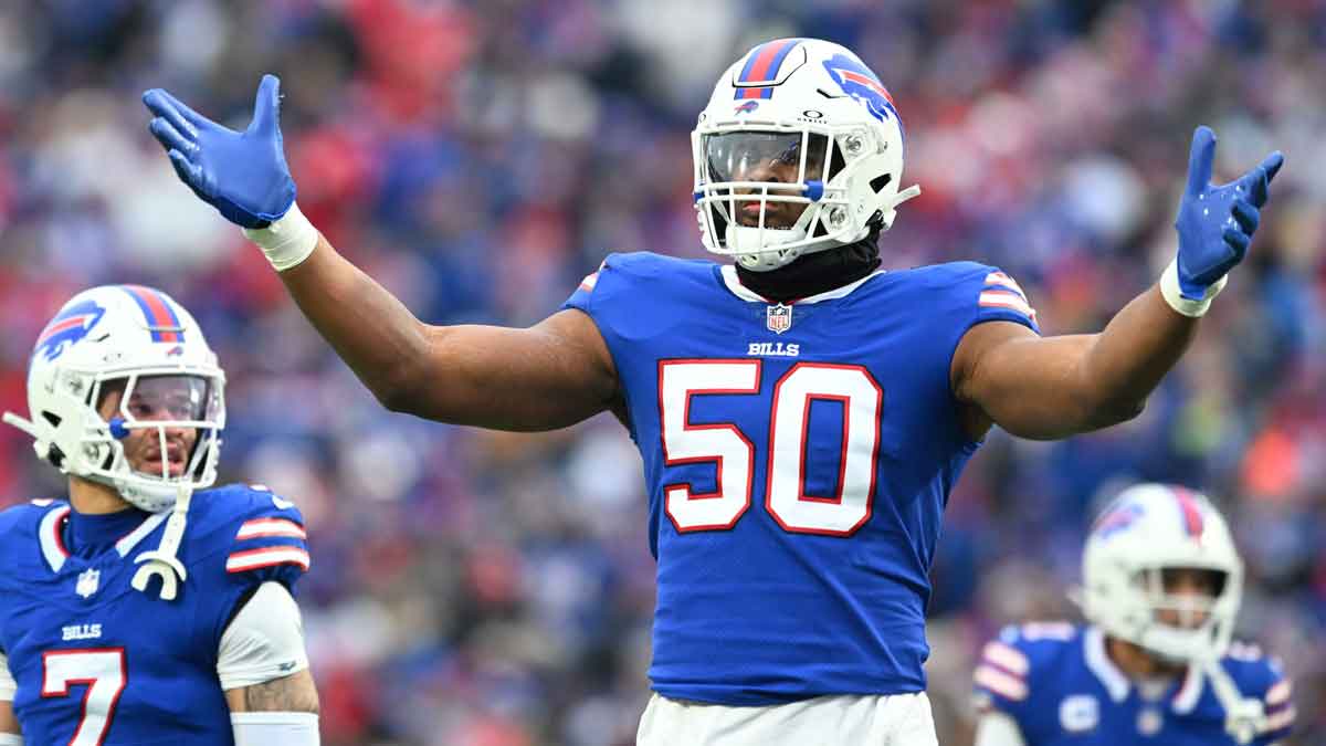 Dec 31, 2023; Orchard Park, New York, USA; Buffalo Bills defensive end Greg Rousseau (50) encourages the crowd to cheer in the second quarter against the New England Patriots at Highmark Stadium.