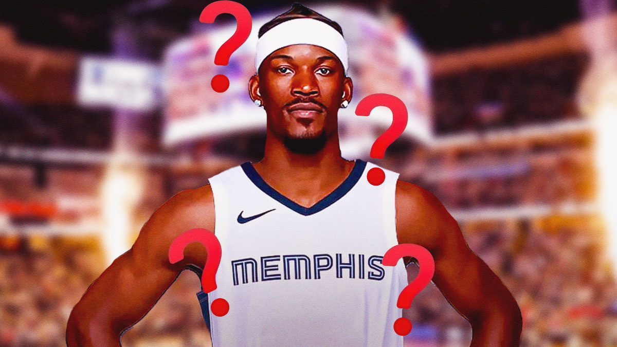 Miami Heat star Jimmy Butler in a Grizzlies uniform with question marks around him.