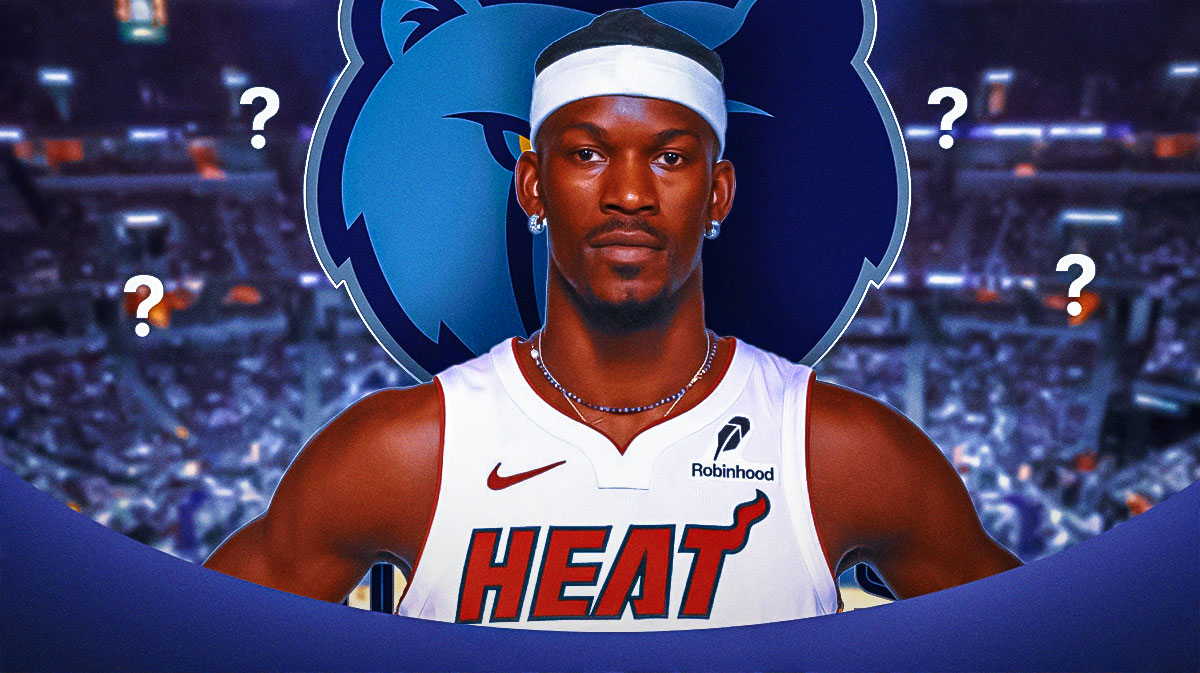 Miami Heat star Jimmy Butler next to the Grizzlies logo with question marks around them in front of Kaseya Center.