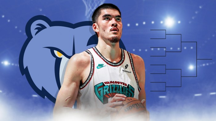 Zach Edey, Grizzlies logo, a blank NBA bracket