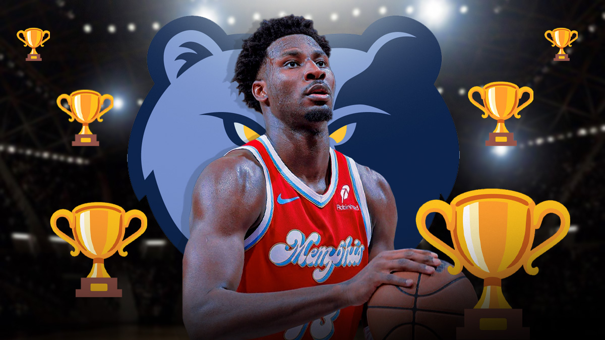 Jaren Jackson Jr., Memphis Grizzlies logo, trophy symbols surrounding Jackson and the Grizzlies
