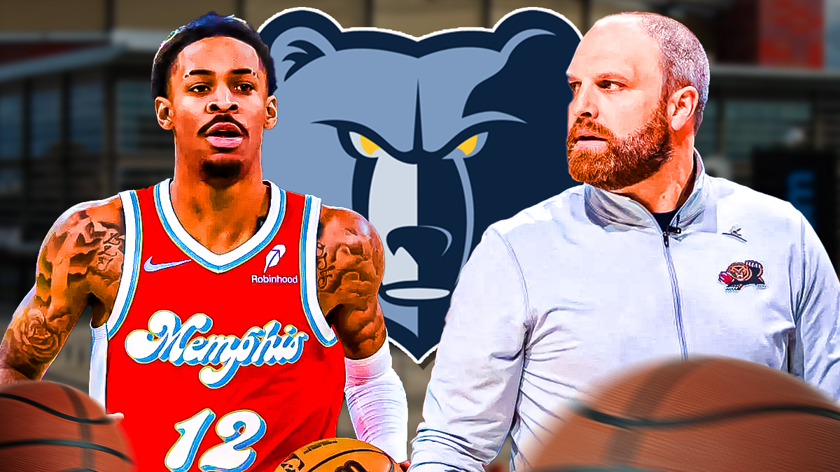 Ja Morant and Taylor Jenkins looking concerned in front of a Grizzlies logo