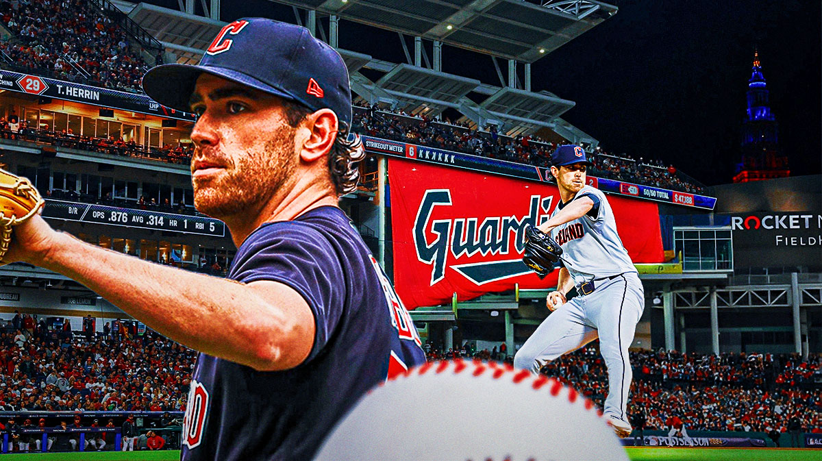 Guardians Shane Bieber in front looking serious on left. In background on right, Guardians Shane Bieber pitching a baseball at Progressive Field in 2024.