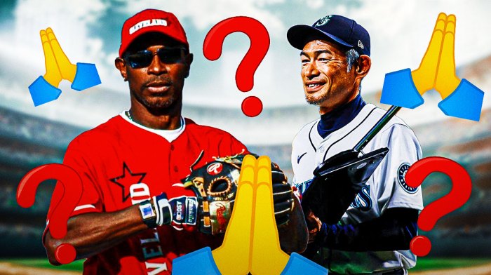 Ichiro Suzuki in a Seattle Mariners uniform and Kenny Lofton in a Cleveland Indians uniform with praying hands emojis and question marks as the guardians former player hopes to make the hall of fame as a guardian / indian player.