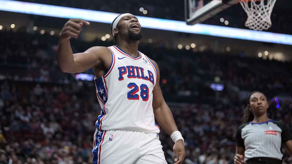 Philadelphia 76ers forward Guerschon Yabusele (28) reacts after scoring a basket and drawing the foul during the first half against the Portland Trail Blazers at Moda Center. Mandatory Credit: Soobum Im-Imagn Images