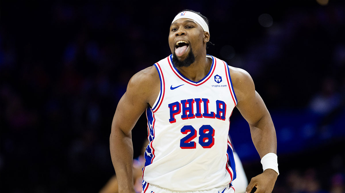 The Philadelphia 76ers forward Guerschon Yabusele (28) reacts after the first quarter of the Magls Cargo Center reacts after missing the shot against New York Knicks.