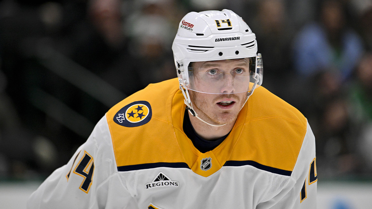 Nashville Predators center Gustav Nyquist (14) in action during the game between the Dallas Stars and the Nashville Predators at the American Airlines Center.