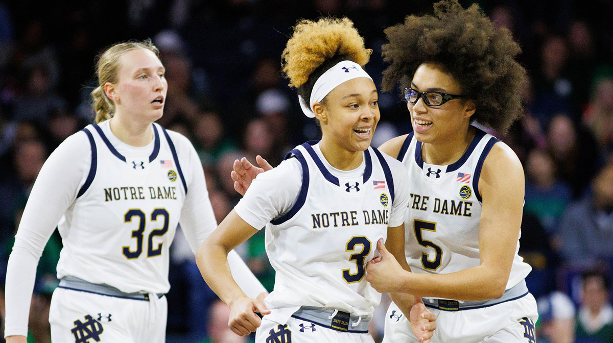 Notre Dame guard Hannah Hidalgo (3) and guard Olivia Miles (5) celebrate during a NCAA women's basketball game between Notre Dame and SMU.