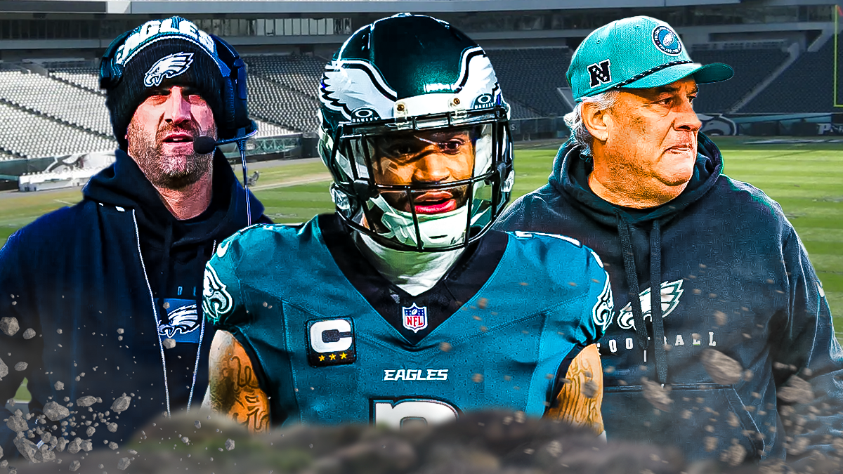 Darius Slay in the middle with Nick Sirianni on his left and Vic Fangio on his right with the Eagles stadium as the background.