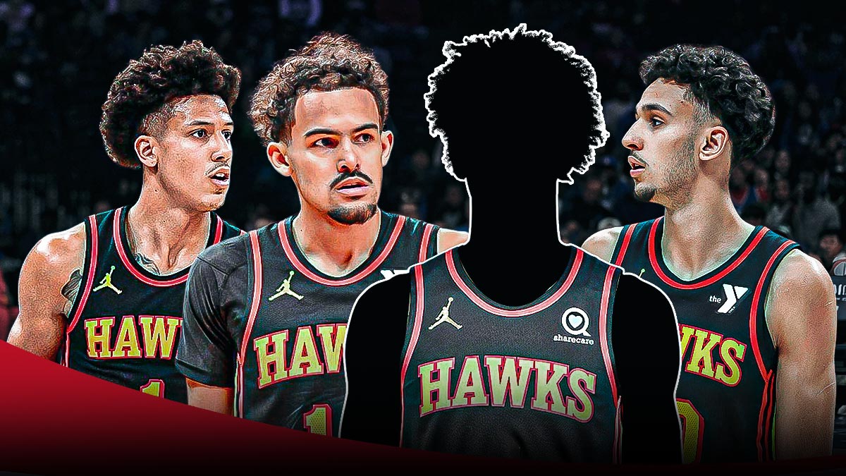 Trae Young, Jalen Johnson, Zaccharie Risacher, and mystery player with a Hawks jersey.
