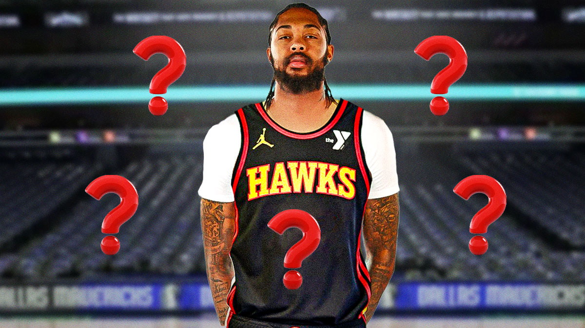 Brandon Ingram in a Hawks jersey with question marks surrounding the picture.