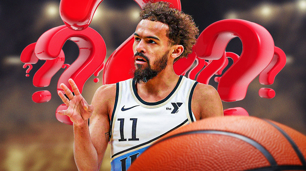 Trae Young with question marks around the picture.
