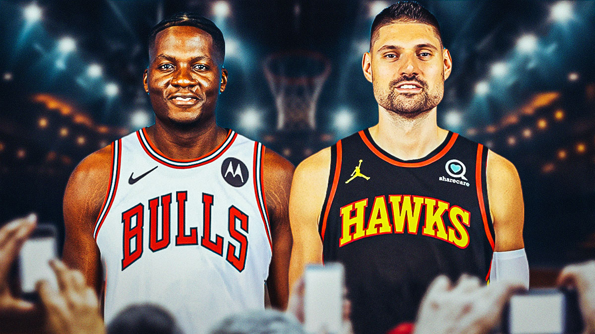 Clint Capela in a Bulls jersey and Nikola Vucevic in a Hawks jersey.