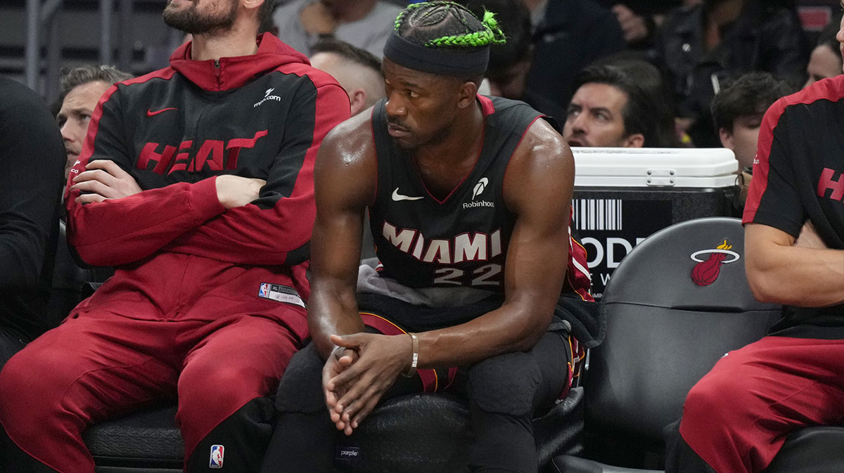 Forward Jimmy Butler (22) watches from the bench during the second half at the Kaseia Center