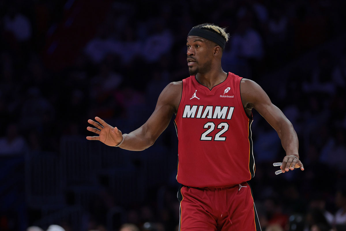 Heat forward Jimmy Butler (22) reacts to Blazers Portland Trail during the third quarter in Kashi Center