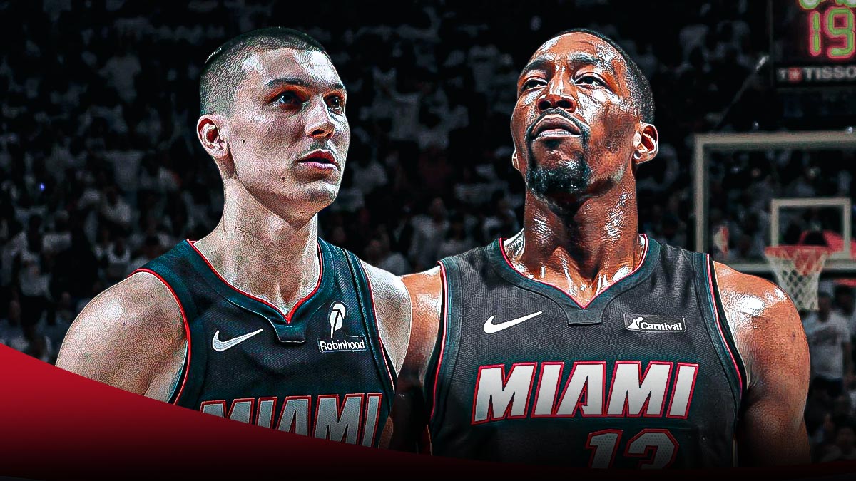 Miami Heat stars Bam Adebayo and Tyler Herro in front of Kaseya Center.