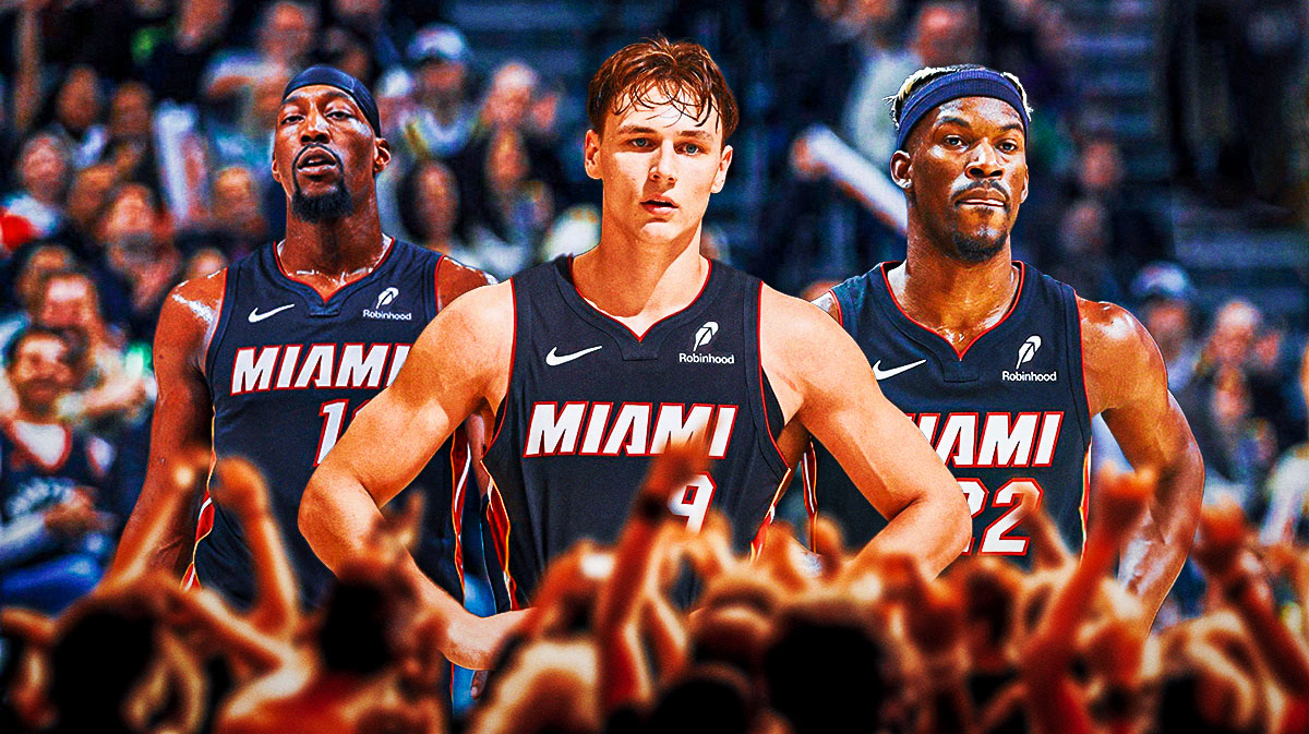 Miami Heat star Pelle Larsson in the middle with Bam Adebayo and Jimmy Butler on either side in front of Kaseya Center.