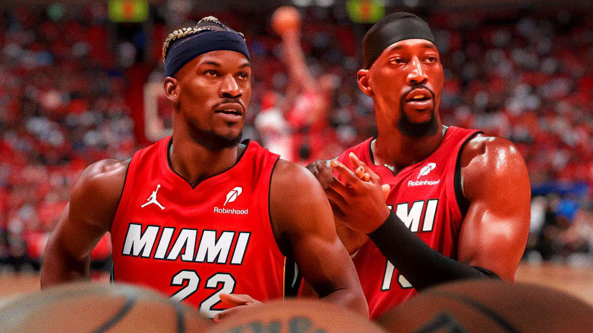 Miami Heat stars Bam Adebayo and Jimmy Butler in front of Kaseya Center.