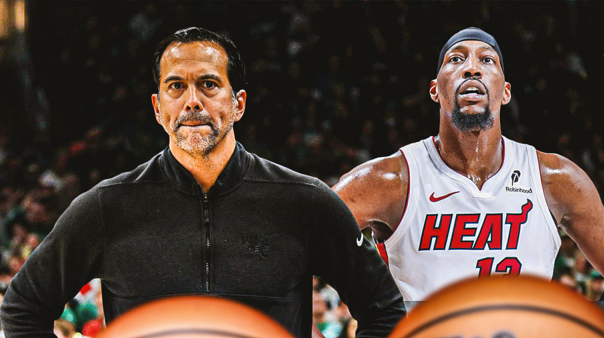 Miami Heat head coach Erik Spoelstra and Bam Adebayo in front of Kaseya Center.