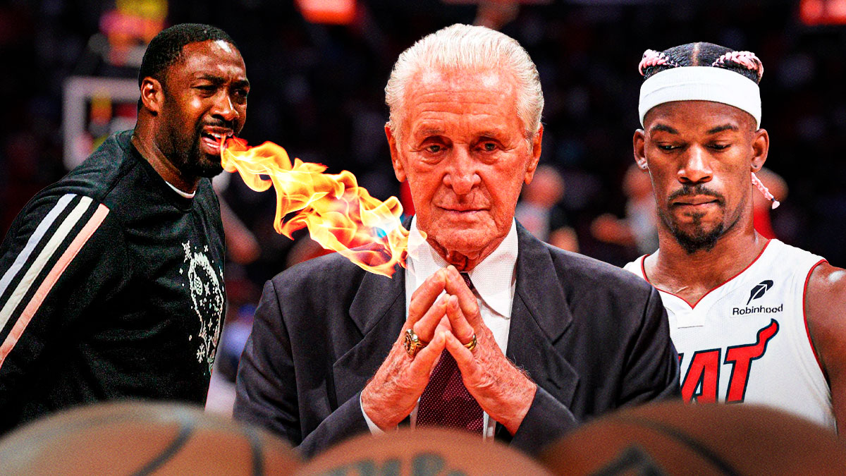 Gilbert Arenas (in sweater or normal shirt, not in jersey) yelling with fire coming out of his mouth next to image of Pat Riley and Heat forward Jimmy Butler both looking disappointed