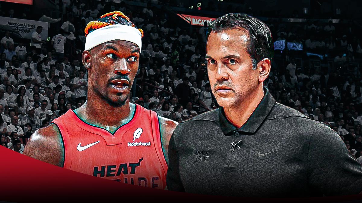 Miami Heat head coach Erik Spoelstra and Jimmy Butler in front of Kaseya Center.