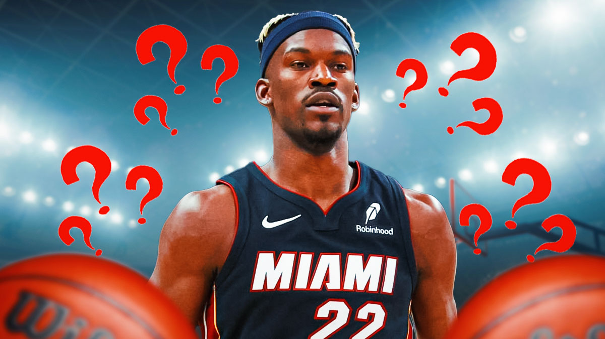 Miami Heat star Jimmy Butler with question marks around him in front of Kaseya Center.