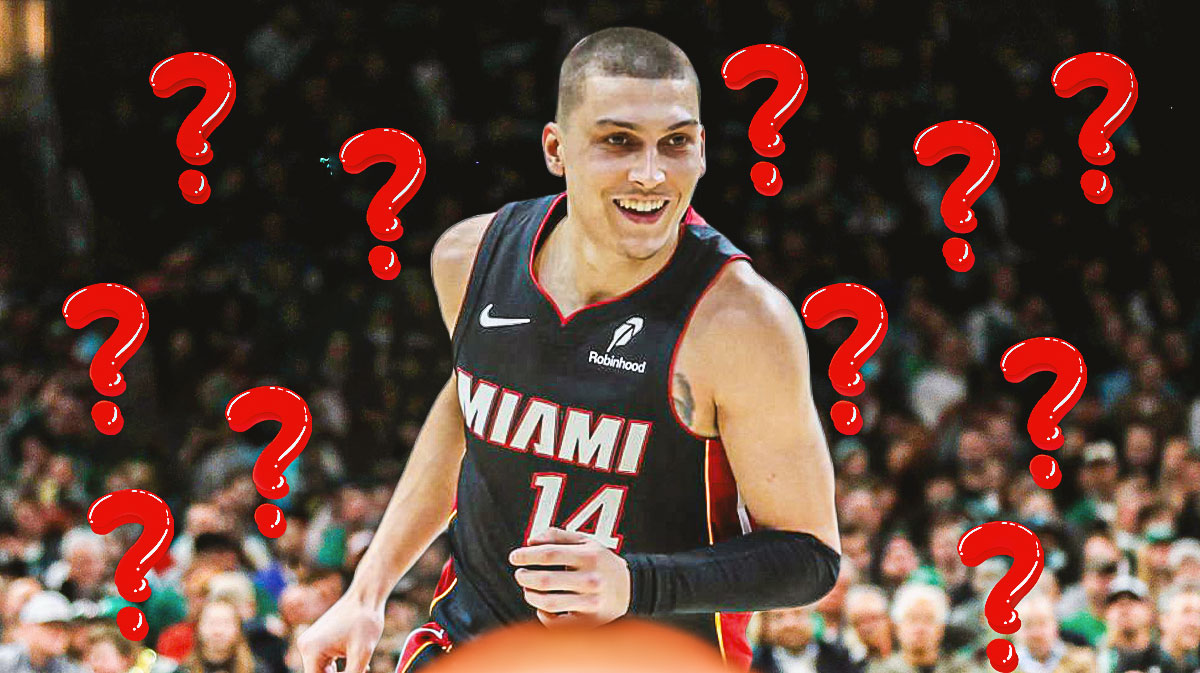 Miami Heat star Tyler Herro with question marks around him in front of Kaseya Center.