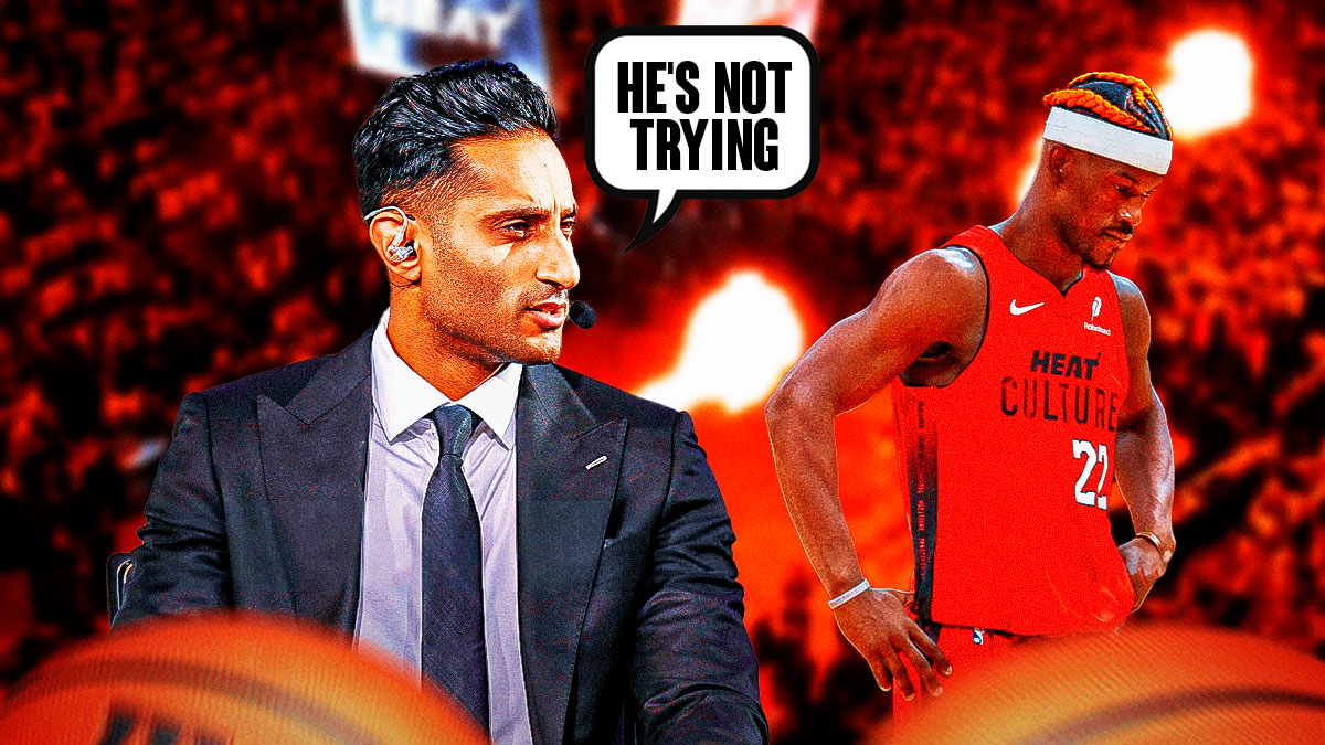 Shams Charania with a thought bubble that says "He's not trying" and Heat forward Jimmy Butler is next to him, looking sad