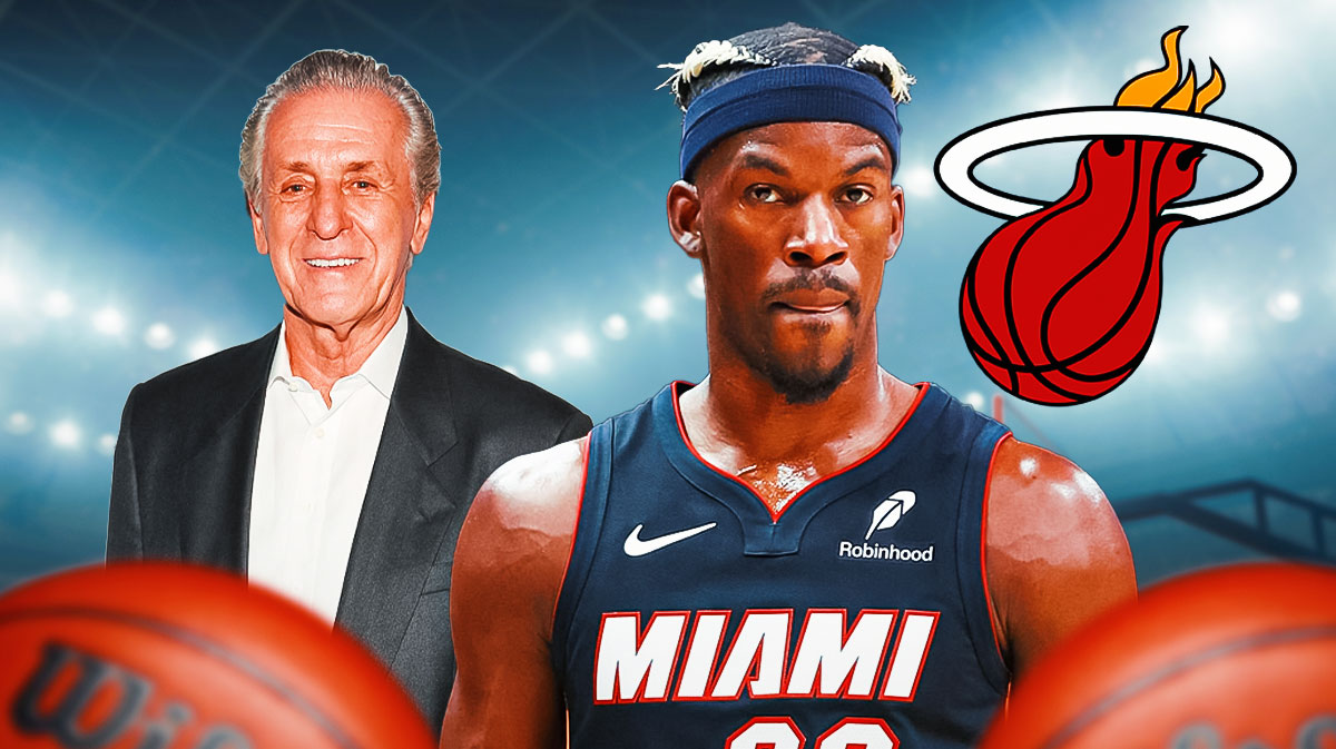 Heat forward Jimmy Butler next to the Heat logo and Heat president Pat Riley in the background
