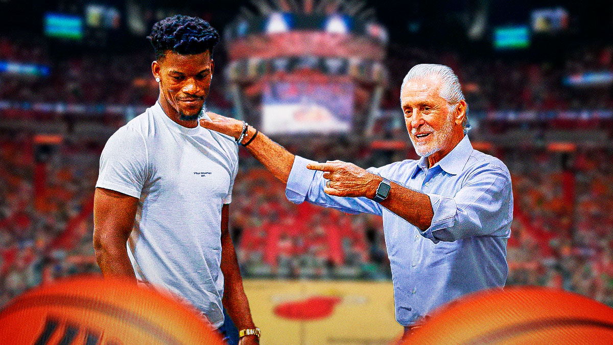Miami Heat star Jimmy Butler and Pat Riley in front of Kaseya Center.