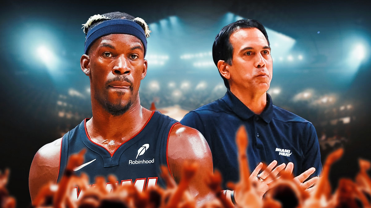 Miami Heat head coach Erik Spoelstra and Jimmy Butler in front of Kaseya Center.